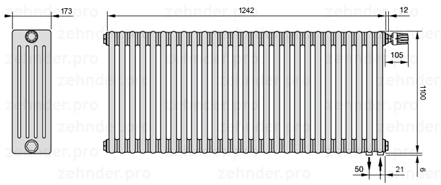 Схема (чертеж) Радиатор Zehnder Charleston 5110/27 №V002 Белый глянцевый RAL 9016